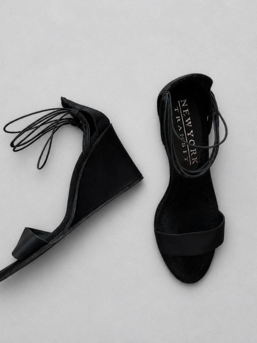 New York Transit Black Lace-Up Wedge Sandals